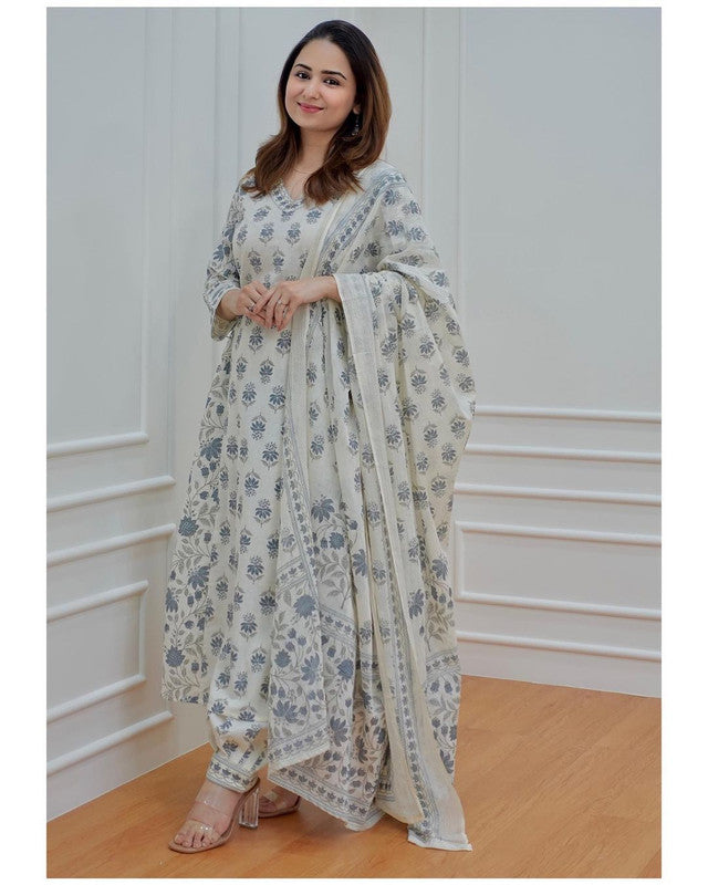 White & Grey Coloured Soft Rayon Floral Print with Finest Embroidery V Neck Full Sleeves Women Designer Party/Daily wear Afghani Suit set- Top with Bottom & Dupatta!!