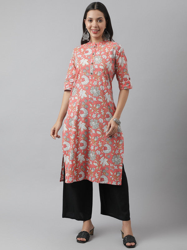 Pink & White Coloured Floral Printed Mandarin collar Roll-up Sleeves Women Designer Party/Daily wear Cotton Straight Shape Kurti!!