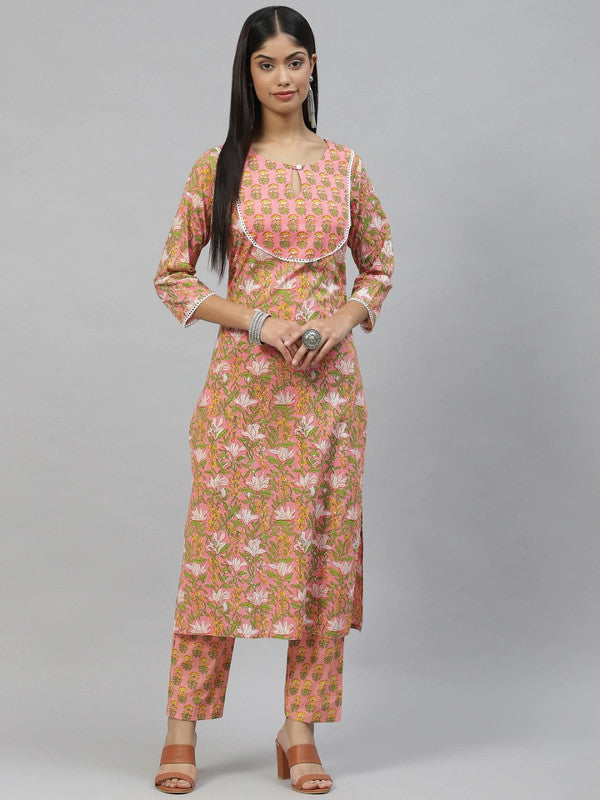 Peach-coloured Floral printed Kurta with Trousers!!