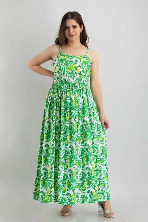 Green Coloured Pure Organic Heavy Rayon Printed Sleeveless Maxi Gown!!