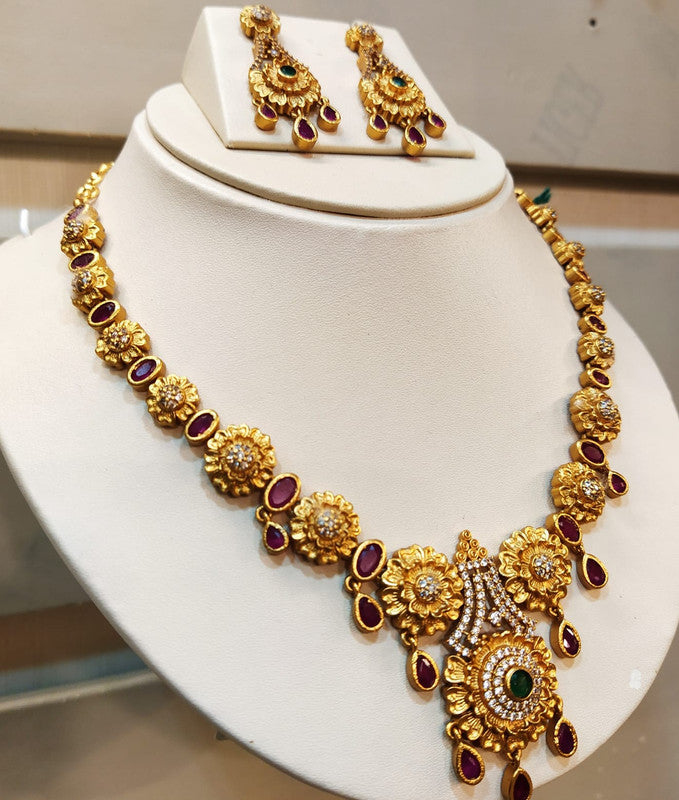 Exclusive Plain Gold Ruby Emrald Zericon Necklace set with Ear Rings!!