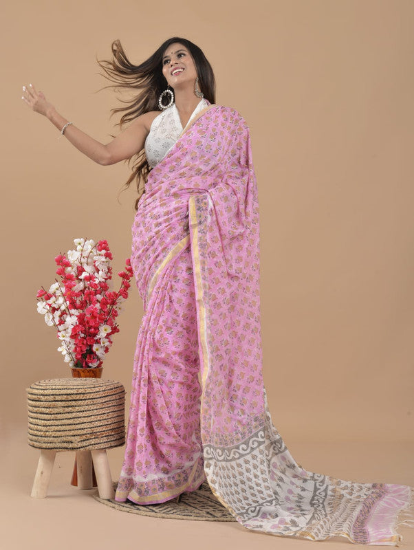 CHANDERI MIX COTTON BLOCK PRINTED SAREE