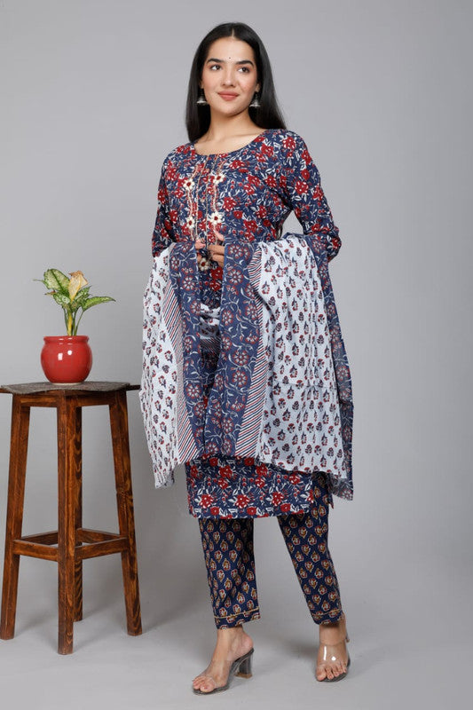 Beautiful Embroidery Work Cotton Kurti with Pant and Dupatta !!