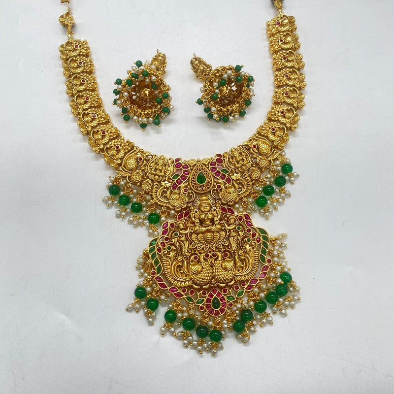 Gold Coloured Pure Brass Real Kundan Gold Plating Women Lakshmi Designe Long set with earrings!!