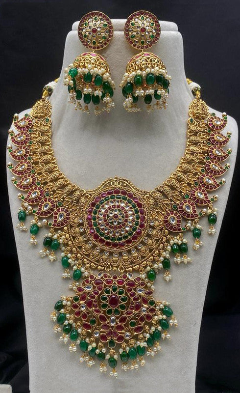 Green & Gold Coloured Beautiful Pure Campo with Pearls Women Designer 1 Gram Gold Plating Wedding Jewelry Necklace Set with Pendant &  Jhumka Earrings!!
