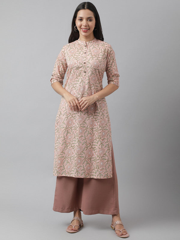 Peach & Multi Coloured Floral Printed Mandarin collar Roll-up Sleeves Women Designer Party/Daily wear Cotton Straight Shape Kurti!!