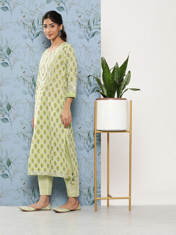 Pista Green Cotton Floral Printed Gotta Patti Straight shape Kurti with Trousers & Dupatta!!