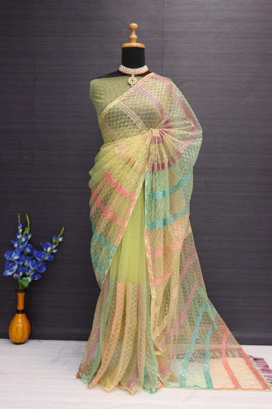 Yellow & Multi Coloured Heavy Butterfly Net with Multy Colour Thread And Sequence Embroidery Work Women Designer Party wear Fancy Net Saree with Blouse!!