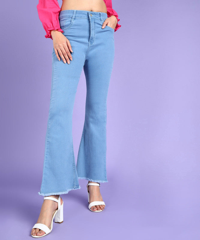 Light Blue Coloured Premium Denim Lycra with Bell Bottom Stretchable Full Length Women Casual/Party wear Bell Bottom Jeans!!