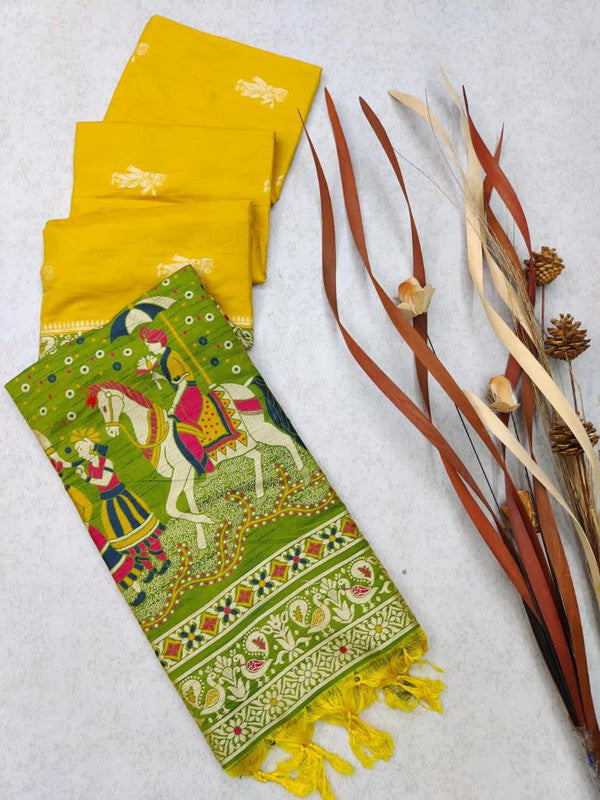 Yellow & Green Coloured Two Tone Weaving with Antique Design Women Party wear Soft Raw Silk Saree with Blouse!!