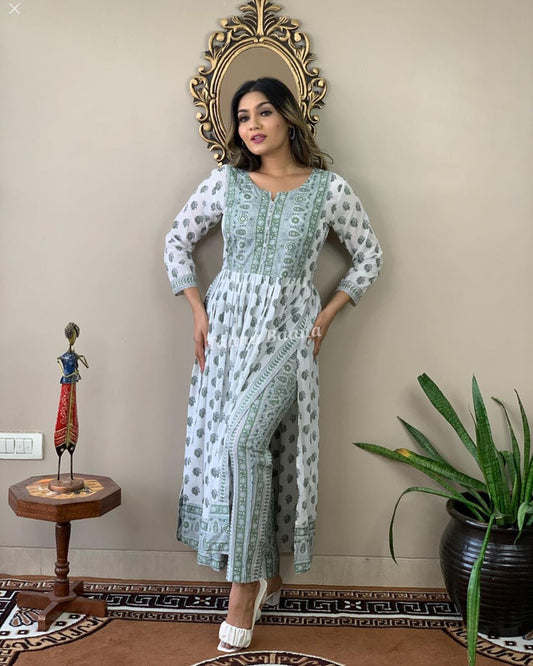 White & Green Pure Rayon Designer Long Slit Kurti with Pant!!