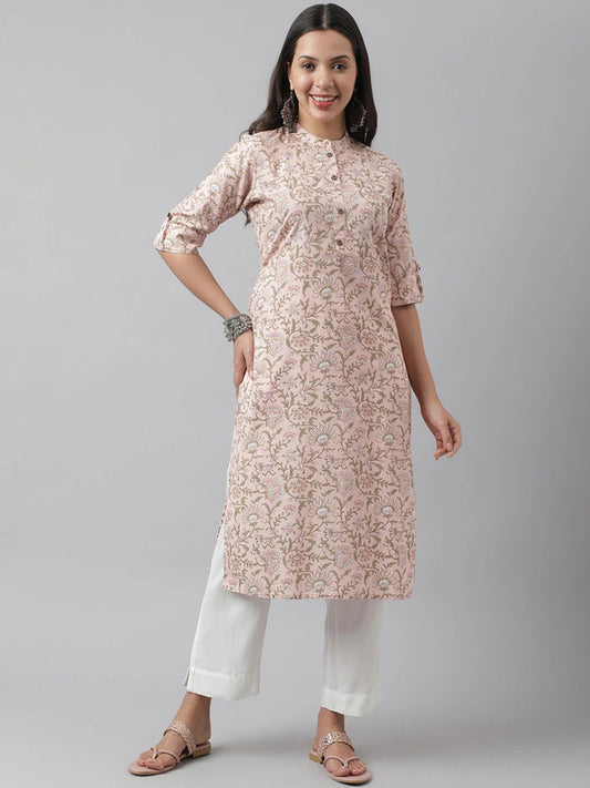 Pink & Multi Coloured Floral Printed Shirt collar Three-quarter Roll-up Sleeves Women Designer Party/Daily wear Cotton Pathani Shape Kurti!!