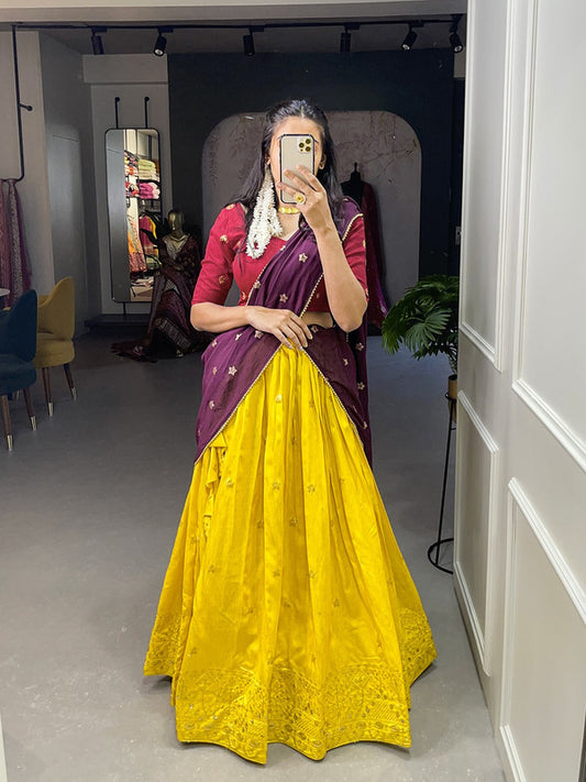 Yellow with Wine & Maroon Coloured Heavy Banglory with Sequence and Thread Embroidery Work Woman Designer Party wear  Lehenga Choli/ Half Saree!!