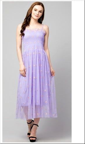 Purple Fit and Flare Embellished Net Dress  FREE SIZE( Up to L 38 size)