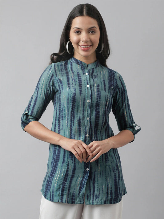 Teal Green & Navy Blue Coloured Premium Muslin Abstract Printed Mandarin Collar Roll-Up Sleeves Women Party/Daily wear Western Shirt Style Top!!