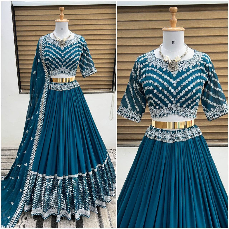 Dark Rama Blue Coloured Faux Georgette with Embroidery Satara Work Women Designer Party wear Lehenga Choli Top with Bottom & Dupatta!!