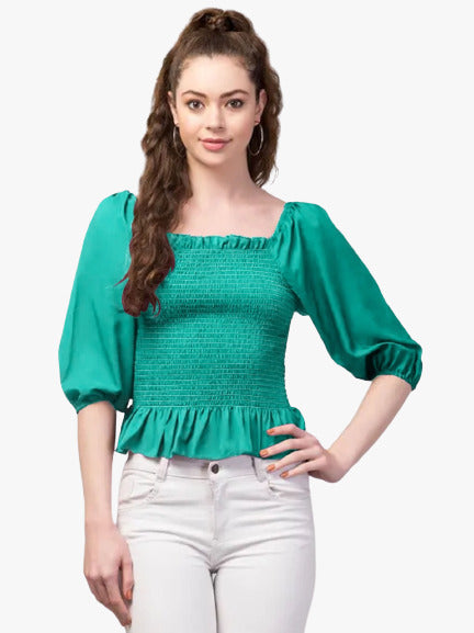 Green Coloured Designer Trendy Crepe Short Top!!