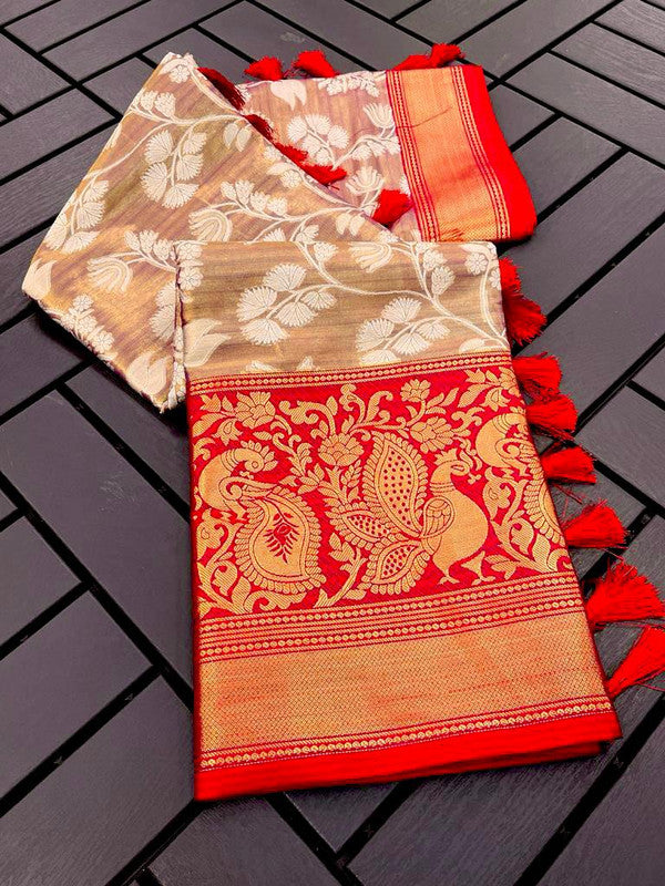 Cream & Red Coloured Banarasi Handloom Pattu Heavy Multi Zari Women Party wear Designer Tissue Silk Saree with Blouse!!