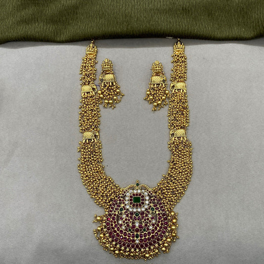 Gold & Maroon Coloured Pure Brass Real Kundan Gold Plating with Pearls Women Lakshmi & Elephant Design Long set with earrings!!