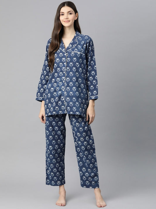 Blue & White Printed Cotton Night suit