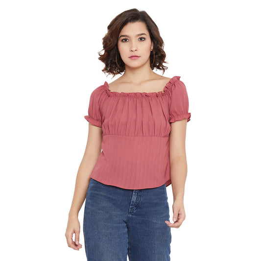 Peach Coloured with solid Woven off-shoulder Neck short sleeves Women Party/Daily wear Western Bardot Top!!