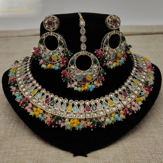 Premium Quality Gold Plating Kundan jewellery Reverse AD Necklace set with Earrings and Matha Patti!!