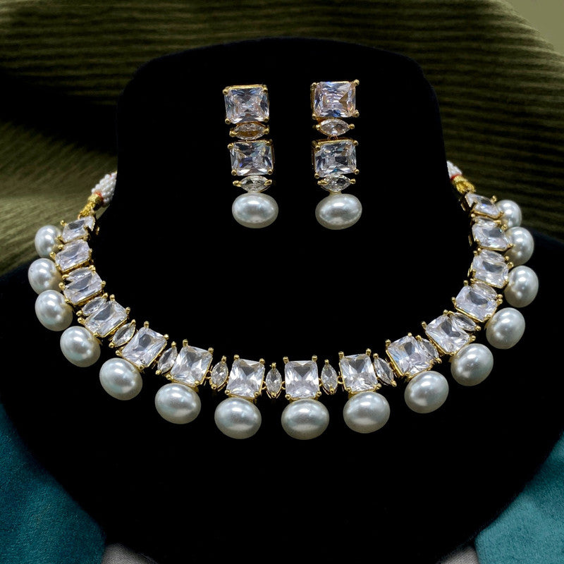 Exclusive White Coloured Premium Quality Silver Plating Reverse American Diamonds with Pearls Designer Necklace Jewellery set with Earrings!!