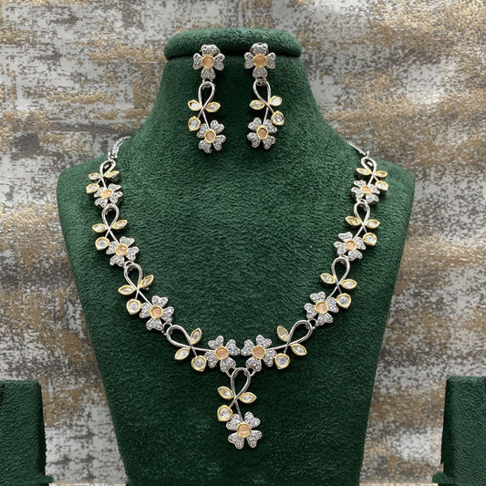 White & Orange Coloured Pure Brass Real Kundan American diamonds Women Designer Long set with earrings!!