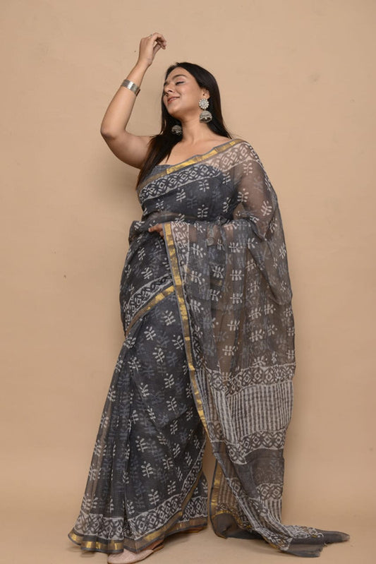 Grey Coloured Kota Doria with Hand Block Printed Jari Border Women Party/Daily wear Designer Kota Doria Saree with Blouse!!