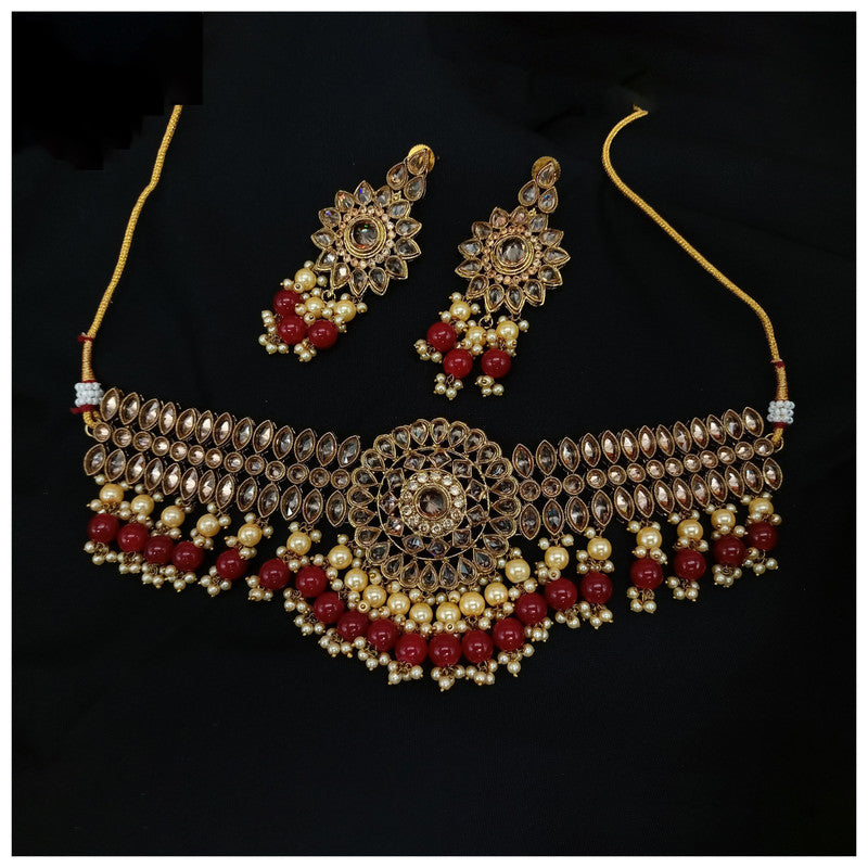 Beautiful Maroon & Gold Coloured Premium Quality Pure Brass Mehendi Plating Choker Jewellery set with Earrings!!