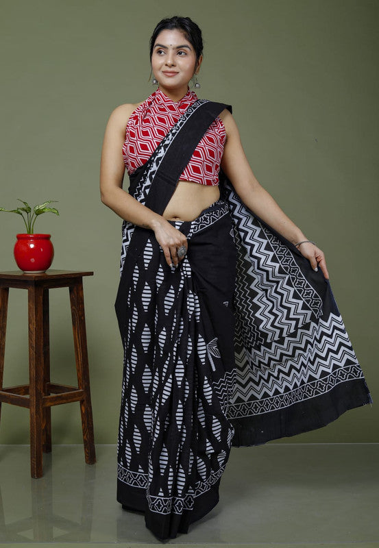 Black & Red Coloured Hand Printed Super dying Quality Mul Cotton Women Daily wear Saree with Blouse!!