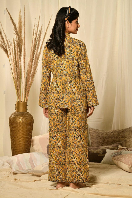 Tie up yellow floral print night suit