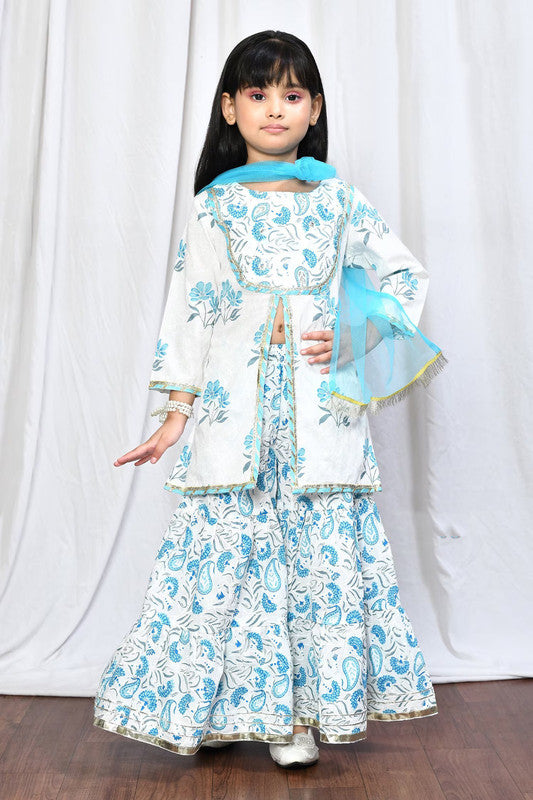White & Blue Coloured Premium Rayon Cotton with Digital Print & Lace Work Girls Kids Designer Party wear Top with Palazzo & Dupatta!!