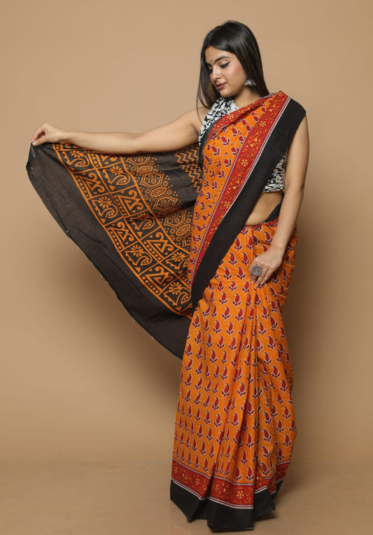 HAND PRINTED MUL COTTON SAREE