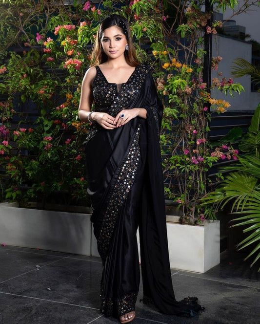 Black Coloured Soft Rangoli Silk with Sequence Embroidery & Thread Work Women Designer Party wear Fancy Rangoli Silk Saree with Blouse!!