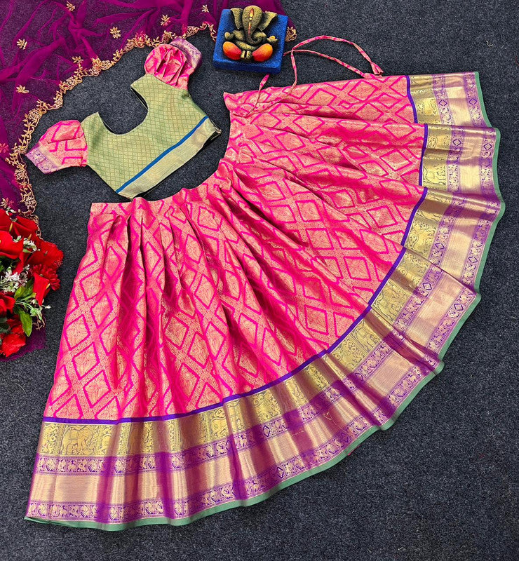 Pista Green & Dark Pink Coloured Kanjivaram Soft Silk with Zari Weaving contrast Girls Kids Lehenga Choli with Dupatta!!