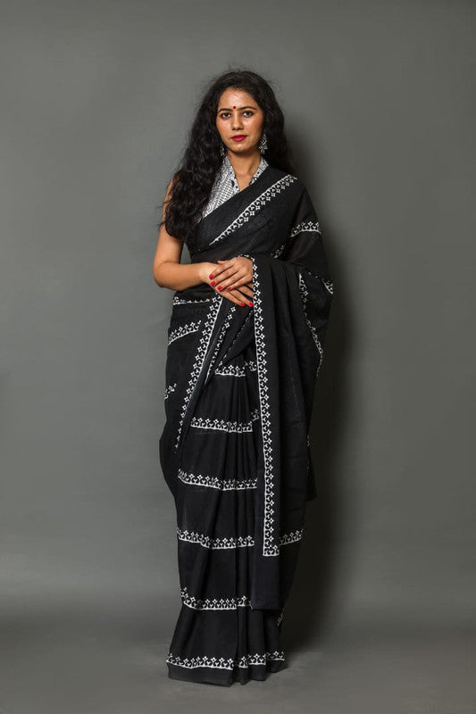 Black Hand Printed Mul Cotton Sarees with Blouse!!