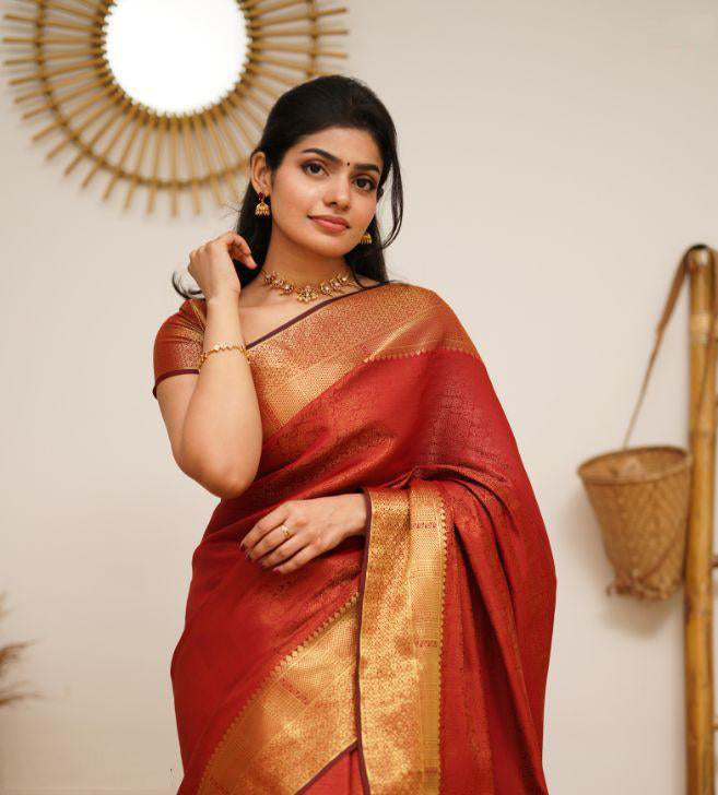 Red Coloured Exclusive Kubera Pattu Women Party wear Pure Kanjivaram Silk Saree with Brocade Blouse!!