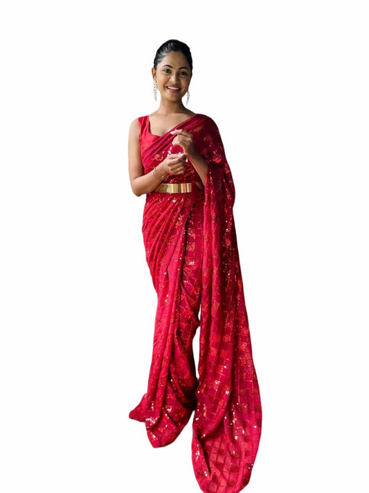 Red Coloured Premium Georgette with Sequence work lace Border with Piping Women Party wear Fancy Ready to wear Saree with Blouse!!