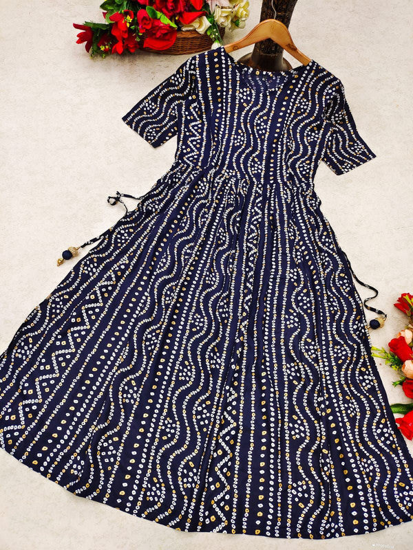 Navy Blue & White Coloured Premium Rayon with Bandhani Print Nayra Cut Women Designer Party wear Gown Kurti!!