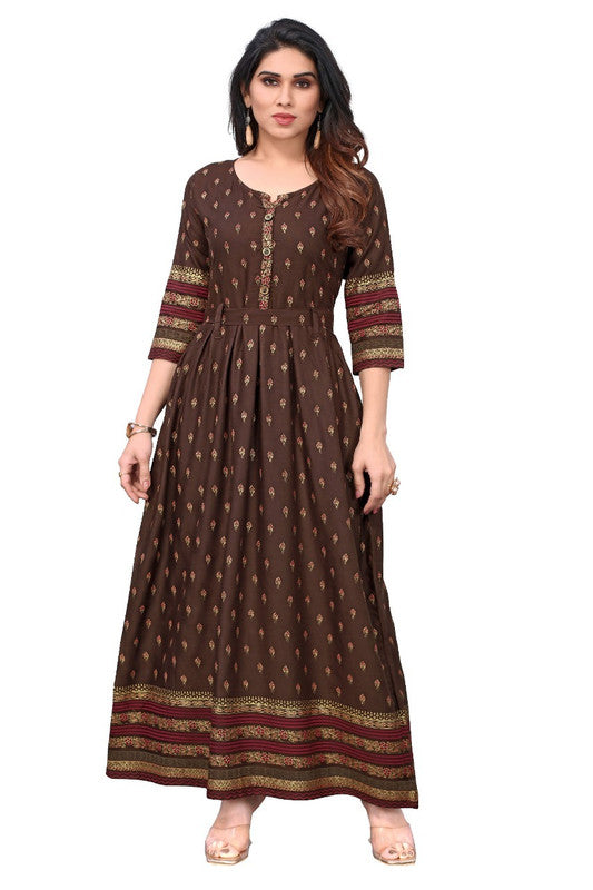 Brown Coloured Rayon Gold Foil Printed 3/4 Sleeves Gown Kurti with Belt!!
