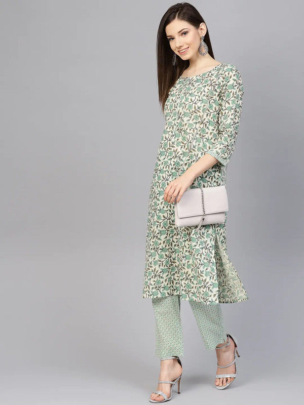 Beige & Green Coloured Pure Cotton with floral printed Women Designer Party wear Straight Line Kurti with Trousers!!