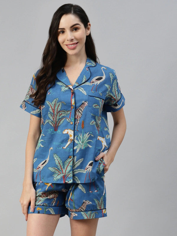 Women Green & Peach Pure Cotton Printed Night suit