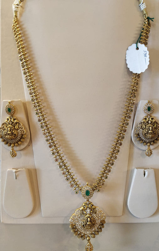 Gold & White Coloured Pure Brass with Antique Gold with Temple Ruby & Emrald Women Designer Lakshmi long Hara with Earings set!!