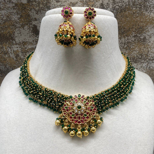 Gold & Green Coloured Pure Brass Real Kundan Gold Plating with Pearls Women Temple Design Necklace set with Jhumka earrings!!