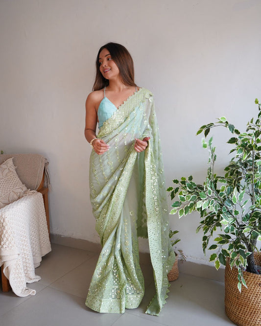 Pista Green Coloured Georgette Silk with Lucknowi Thread Chikankari & Sequence work Women Designer Party wear Fancy Georgette Silk Saree with Blouse!!