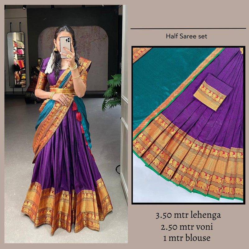 Purple & Multi Coloured Premium Cotton Silk with Zari Weaving Work Woman Designer Party wear Half Saree Set!!