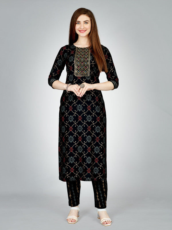 Black & Multi Coloured Heavy Rayon with Embroidery work Women Designer Daily wear Kurti with Pant!!