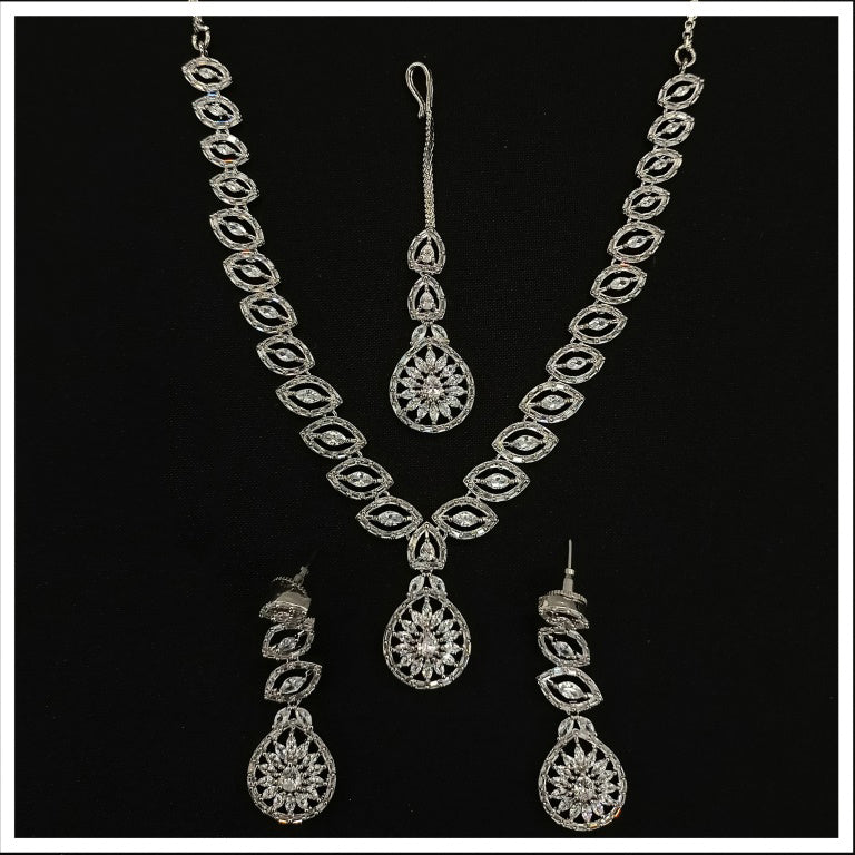 Silver Coloured Beautiful American Diamonds Women Designer Silver Plating Beautiful Long Jewelry Necklace set with Earrings & Matha Patti!!