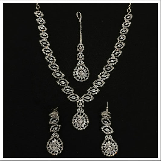 Silver Coloured Beautiful American Diamonds Women Designer Silver Plating Beautiful Long Jewelry Necklace set with Earrings & Matha Patti!!